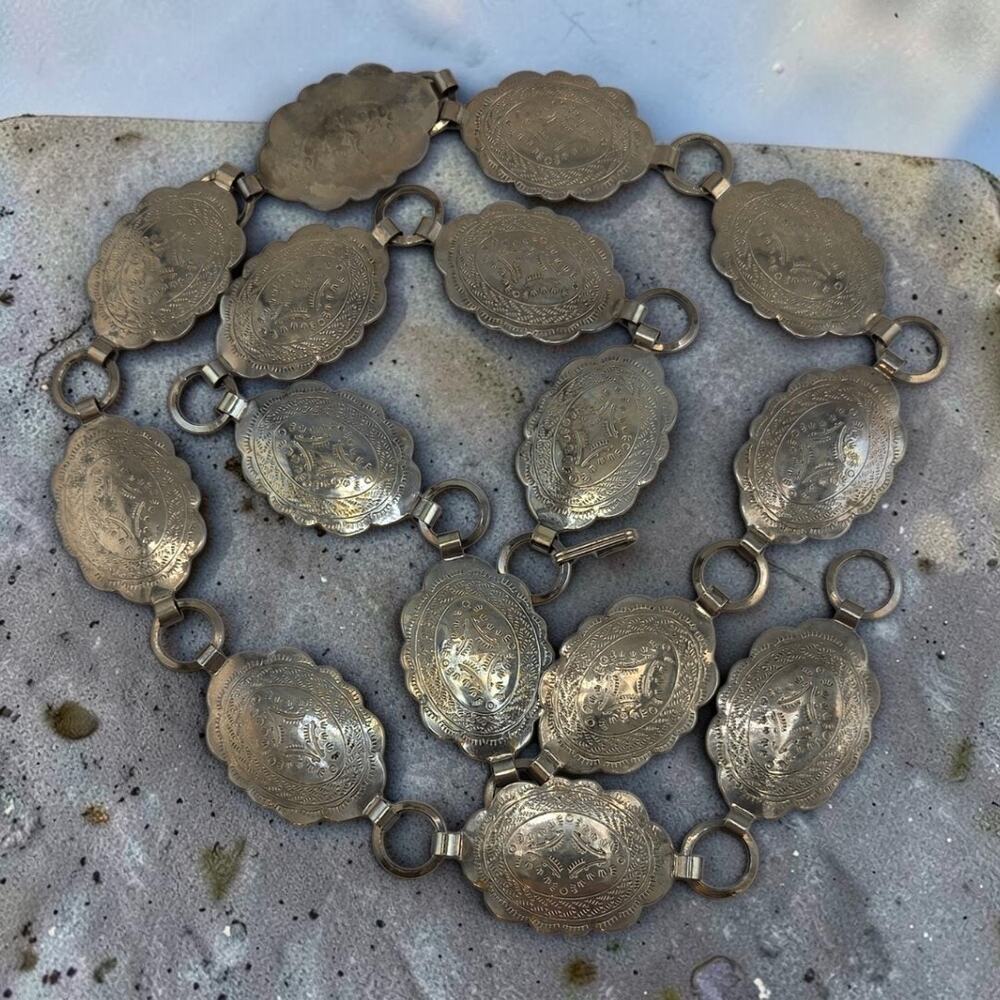 Vintage Silver Tone Concho Link Belt Southwestern Western 37 Inch Statement